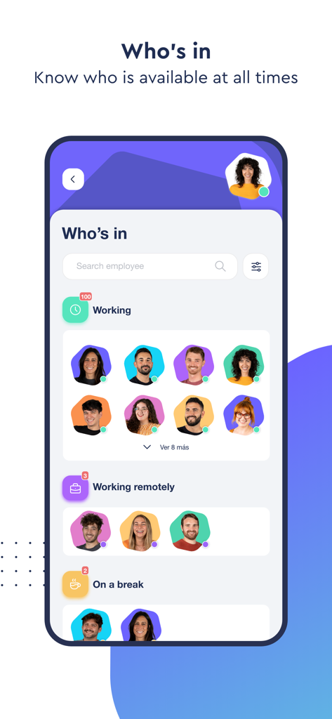 Sesame HR app interface showing real-time employee work status and location