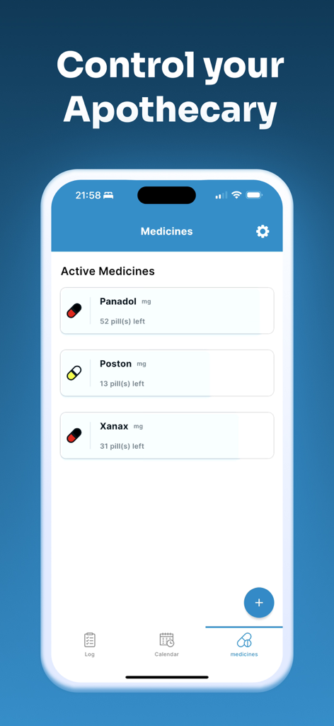Pill Reminder l Med Tracker - Vista del panel de medicamentos activos con seguimiento de inventario de pastillas en la aplicación Rastreador de medicamentos