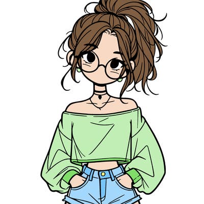 girl with a messy ponytail glasses a baggy crop top and jean shorts