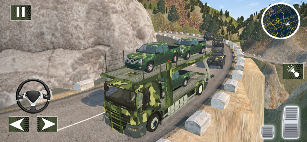 Military Cargo Truck Transport - A camouflage military truck carrying pickup trucks on a winding mountain road