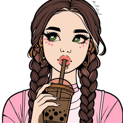 realistic girl with braided hair drinking boba