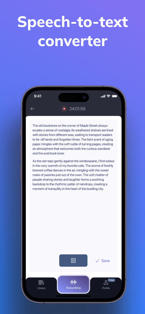 Live Transcribe - Speech Text - Écran de smartphone montrant l'interface de transcription parole-texte en temps réel avec un texte sur une librairie