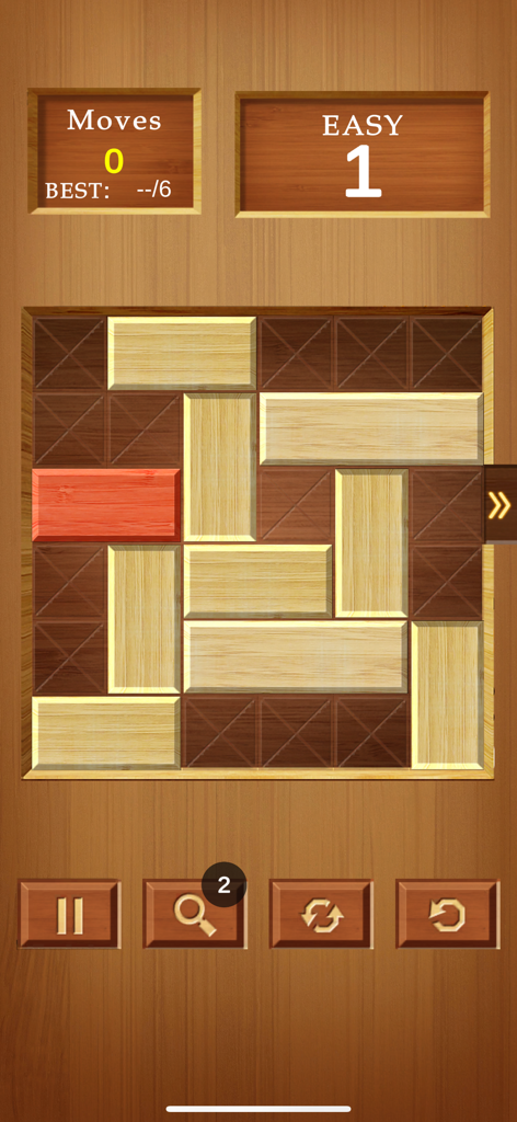 Block Escape : Unblock Sliding - Gameplay screen of Block Escape sliding puzzle showing level one on a wooden board with a red block.