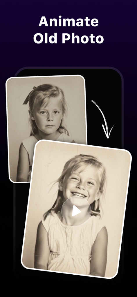 KI-Funktion, die die Animation eines Vintage-Schwarzweißfotos eines Mädchens in ein lächelndes Video demonstriert