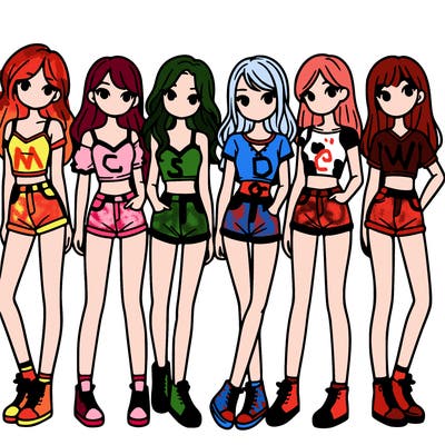 a group of girls wearing crop tops and shorts