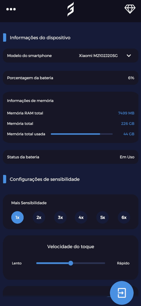 Interface do aplicativo Goxit para ajustar as configurações de sensibilidade e velocidade de toque do jogo.