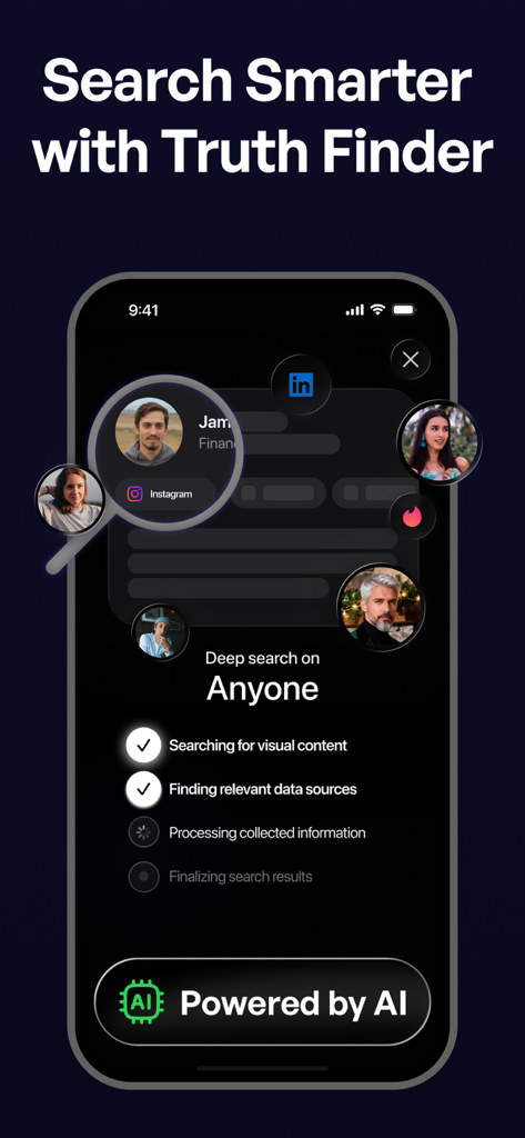 Truth Finder – Scan & Search - Truth Finder app interface showing AI deep search progress for background checks and social profile scanning