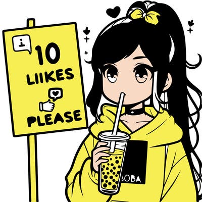 girl with a high ponytail and a hoodie drinking boba staring at a sign saying 10 likes please