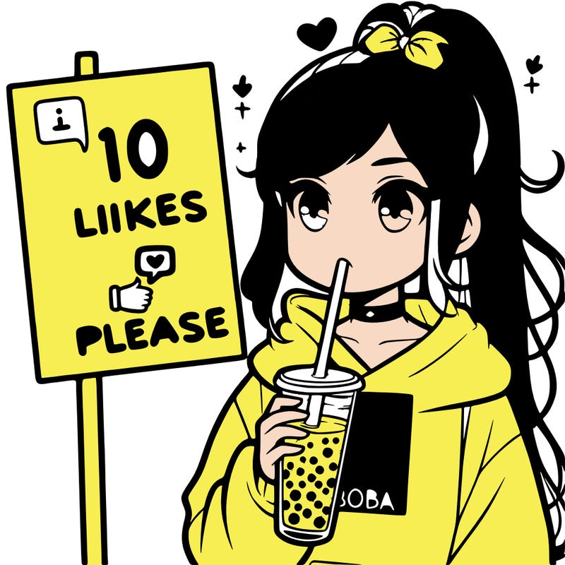 girl with a high ponytail and a hoodie drinking boba staring at a sign saying 10 likes please