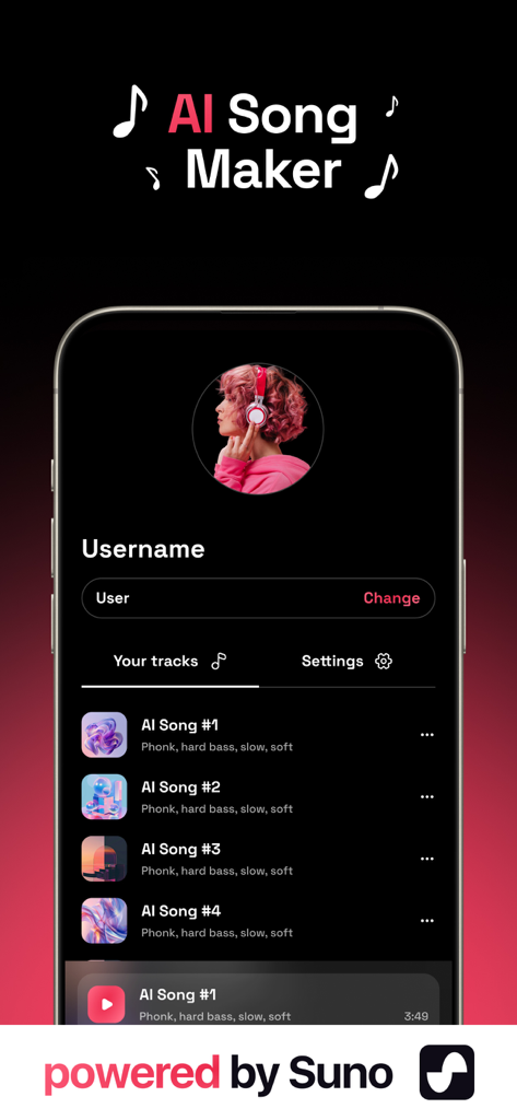 Muza AI: AI Song & Music - Interface of Muza AI app showing a user profile with a list of generated songs powered by Suno