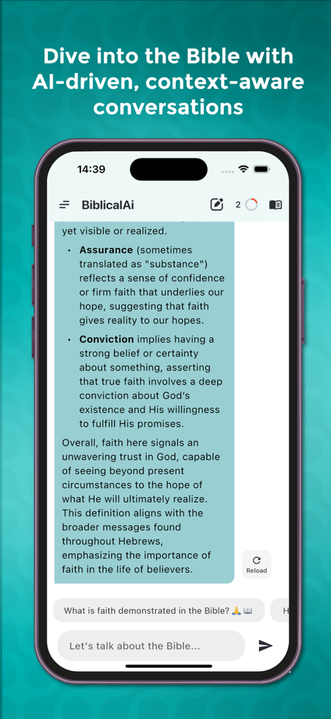 BiblicalAi - Bible App with Ai - A mobile app screen showing an AI-driven conversation about Biblical concepts like assurance and conviction.