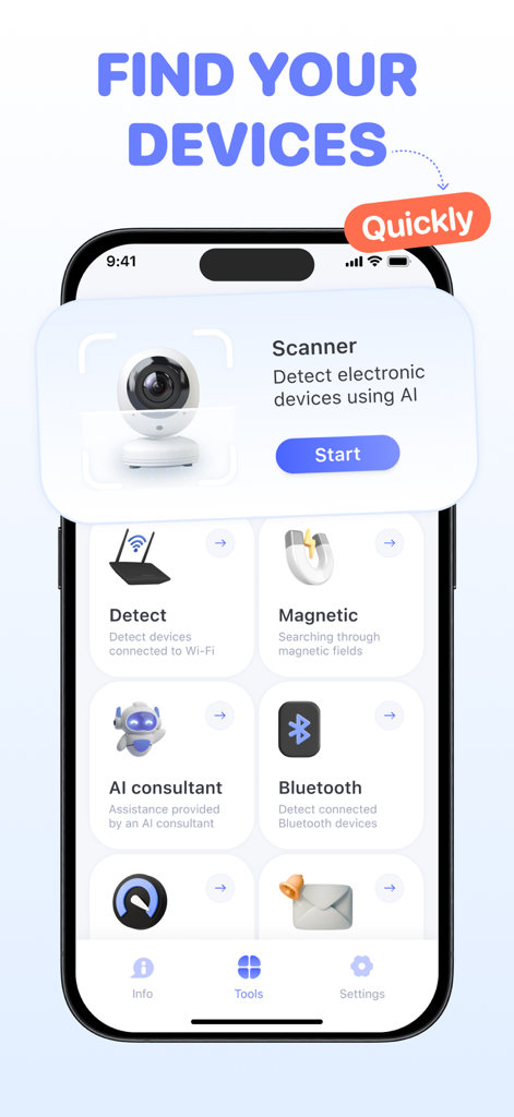 Camera Detector Tracker Finder app dashboard displaying tools for AI scanning magnetic search and bluetooth device detection