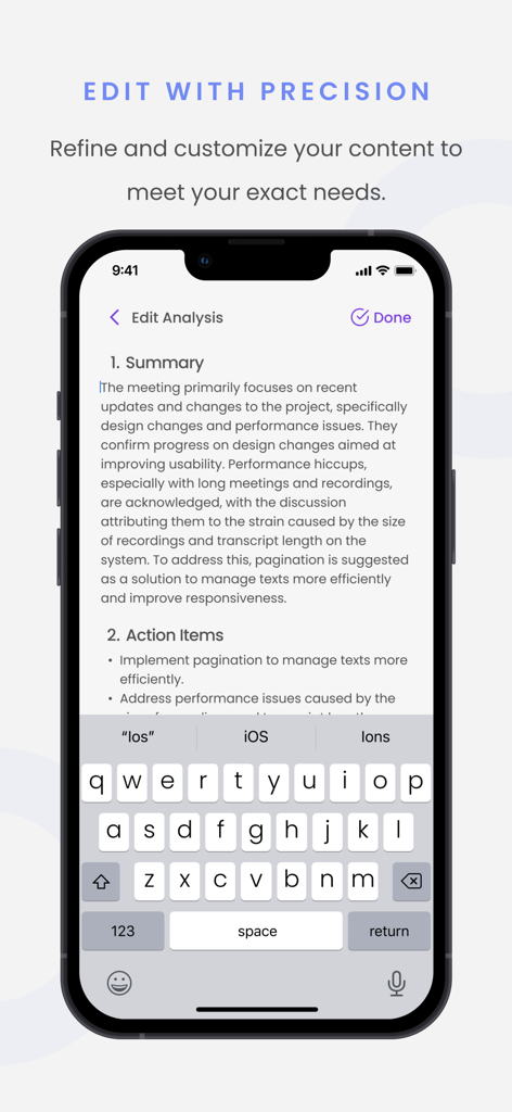 Pantalla de iPhone que muestra la interfaz de la app Lugh AI notes para editar un resumen generado por IA y elementos de acción de una reunión grabada.