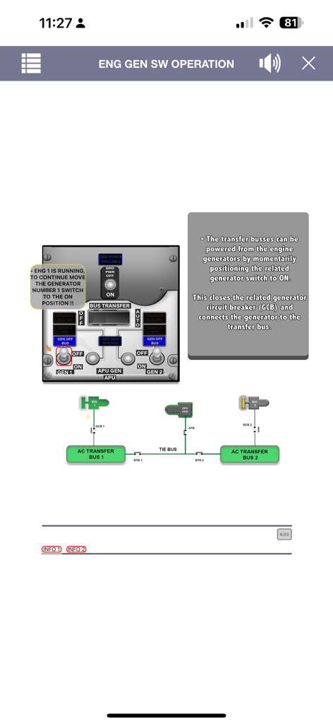 Pantalla de entrenamiento interactivo para la operación del interruptor del generador del motor del Boeing 737 y diagrama del sistema eléctrico