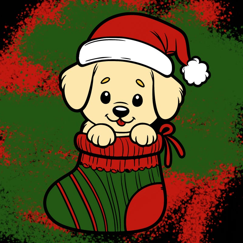 cute puppy wearing santa hat in socking