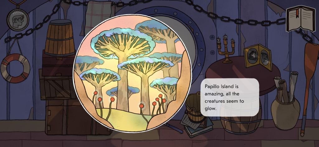 Reviver: Butterfly - Handgezeichnete Szene mit einem runden Fensterblick auf leuchtende Bäume auf Papillo Island in Reviver Butterfly