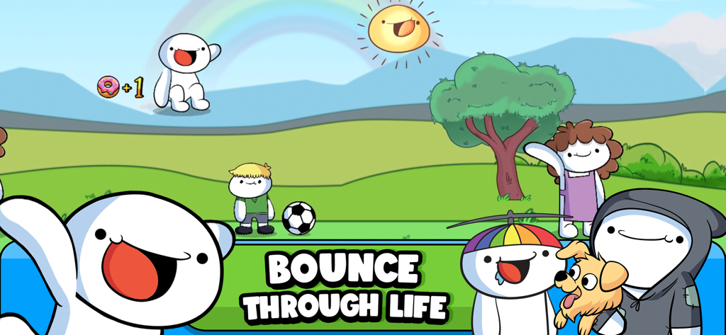 TheOdd1sOut: Let's Bounce - Cartoon characters from TheOdd1sOut bouncing in a bright green landscape with a rainbow