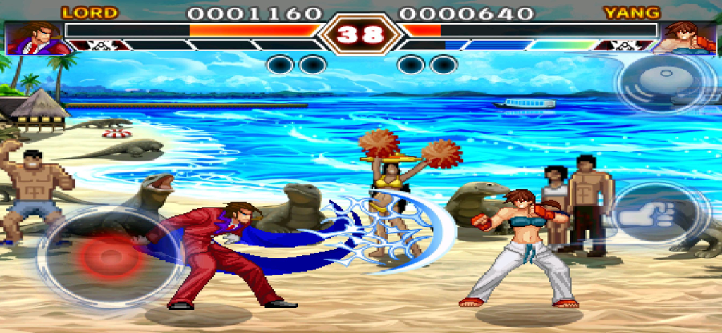 Kung Fu Do Fighting - Two characters fighting on a beach in the arcade-style game Kung Fu Do Fighting.