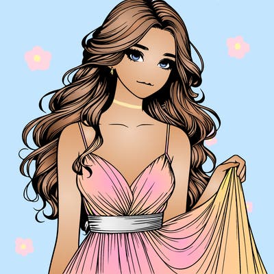 realistic girl in flowy silky prom dress
