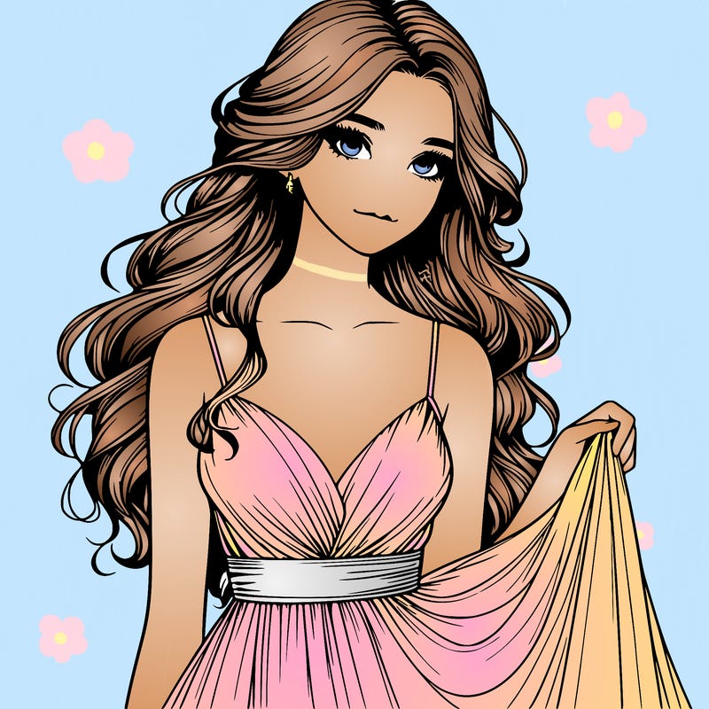 realistic girl in flowy silky prom dress