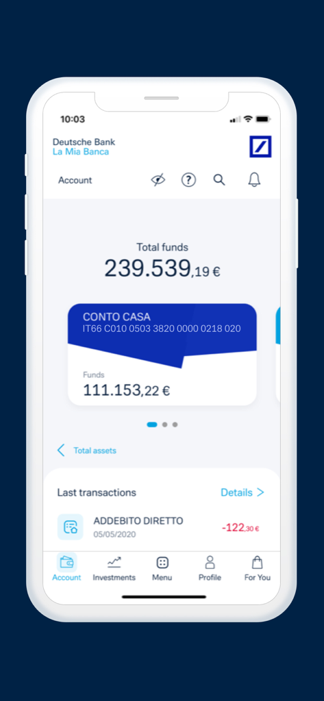 La Mia Banca - Account overview screen of the La Mia Banca mobile app showing total funds and recent transactions