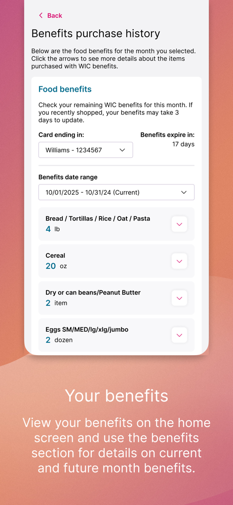 myWIC Mosaic - myWIC Mosaicアプリのスクリーンショット。食料品給付金の購入履歴と、パン、シリアル、豆、卵の残高が表示されています。