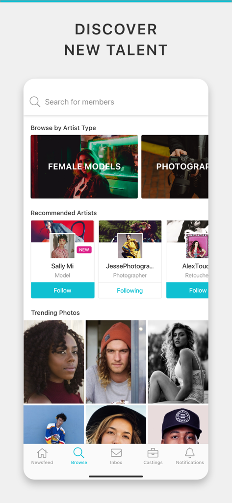 Model Mayhem - 사진작가 및 추천 아티스트 프로필을 보여주는 Model Mayhem 앱 검색 화면