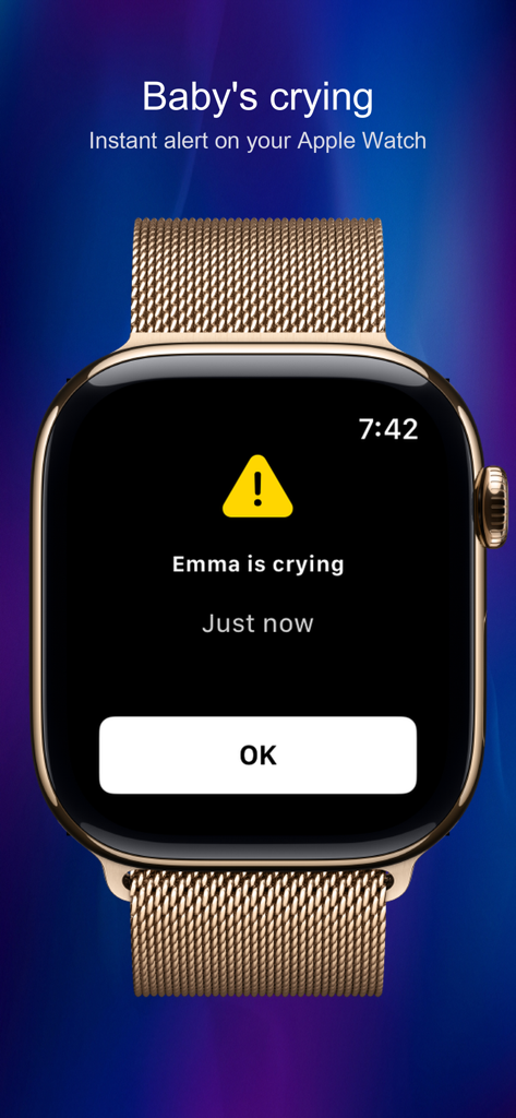 CryDetect - AI Baby Monitor - An Apple Watch displaying a CryDetect notification stating that the baby is crying with a yellow warning icon and an OK button.