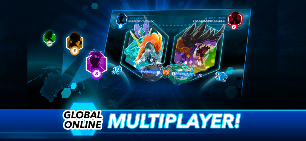 BEYBLADE BURST app - Ein digitaler Battle zwischen zwei Spielern im globalen Online-Multiplayer-Modus der Beyblade Burst App, der Avatare und Kreisel zeigt.