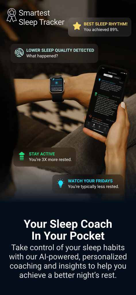 SleepWatch - Top Sleep Tracker - Eine Person nutzt die SleepWatch-App auf iPhone und Apple Watch für personalisierte KI-Schlaf-Coaching-Erkenntnisse.