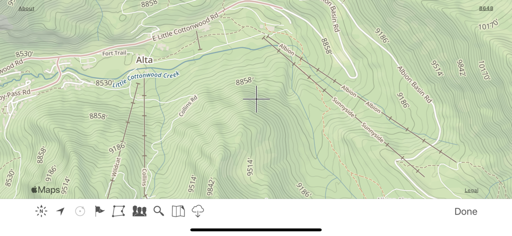 Theodolite - Topographic map display in the Theodolite app featuring elevation contours and trail labels
