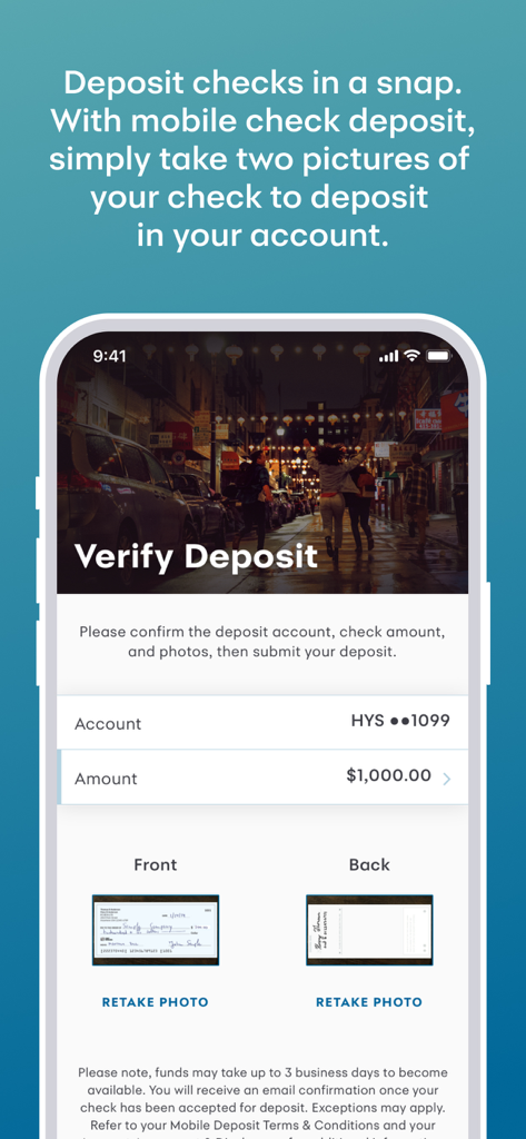 Synchrony Bank - Synchrony Bank App Mobile Scheckeinzahlungsbestätigungsbildschirm mit Kontodetails, Betrag und Fotos der Vorder- und Rückseite eines Schecks.