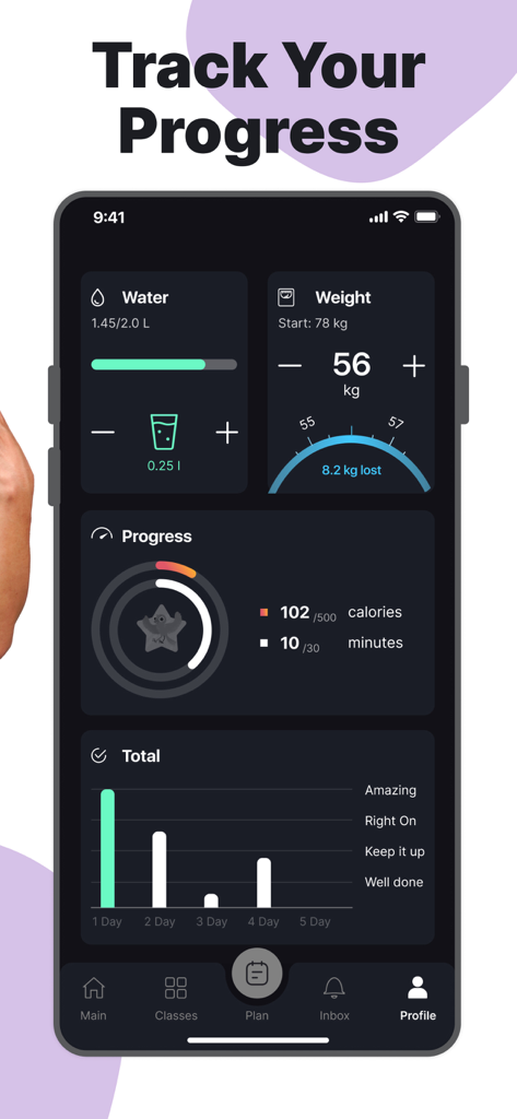 Dashboard view of the Everdance app showing progress metrics for water intake, weight loss, and daily workout consistency.