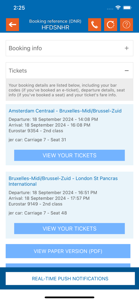 Pantalla de la aplicación SNCB International que muestra los detalles de la reserva de trenes y los billetes móviles.