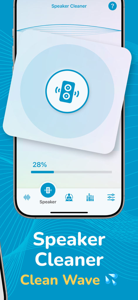 Smartphone screen displaying the speaker cleaner feature of the Hz Frequency Generator app with a progress bar and clean wave text.