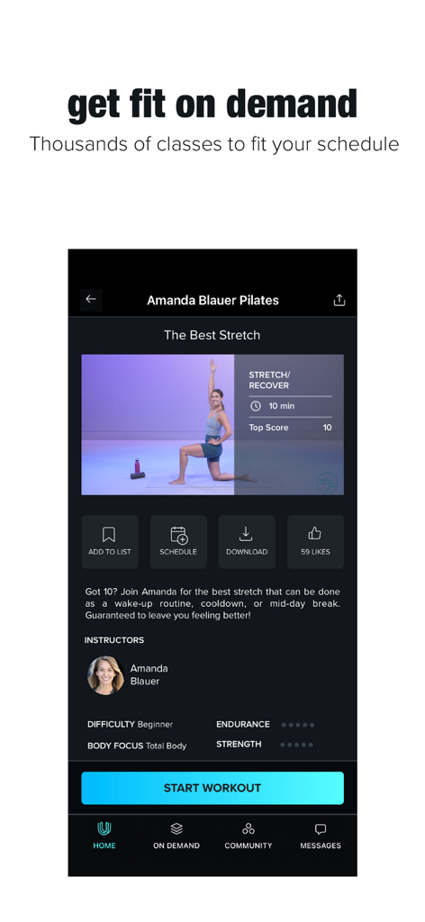 NEOU-App-Oberfläche, die einen 10-minütigen Pilates-Stretch- und Recovery-Kurs mit einer Schaltfläche „Workout starten“ anzeigt.