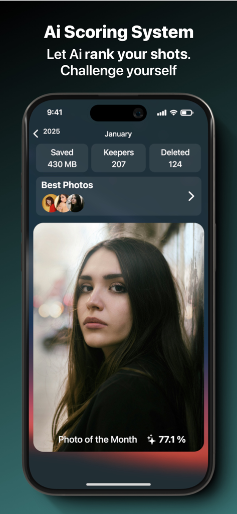 Free Up Storage: SwAipe - SwAipe app interface showing the AI scoring system ranking best photos and monthly storage stats