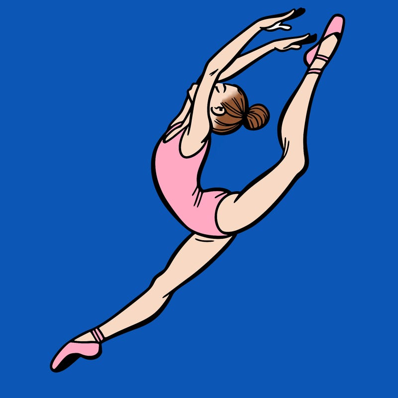 gymnast doing a leap in a leotard with a bent back leg