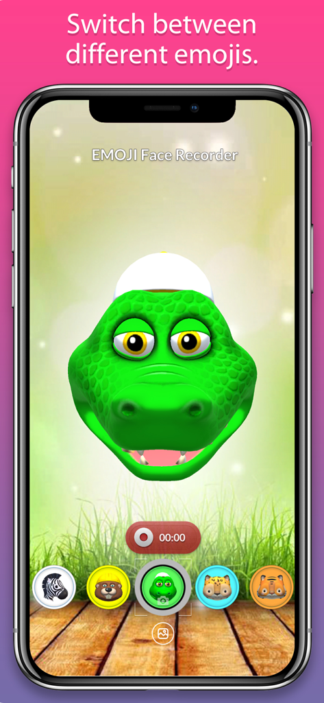 Écran de l'application EMOJI Face Recorder montrant un personnage de crocodile 3D et diverses icônes d'émojis d'animaux pour le suivi facial