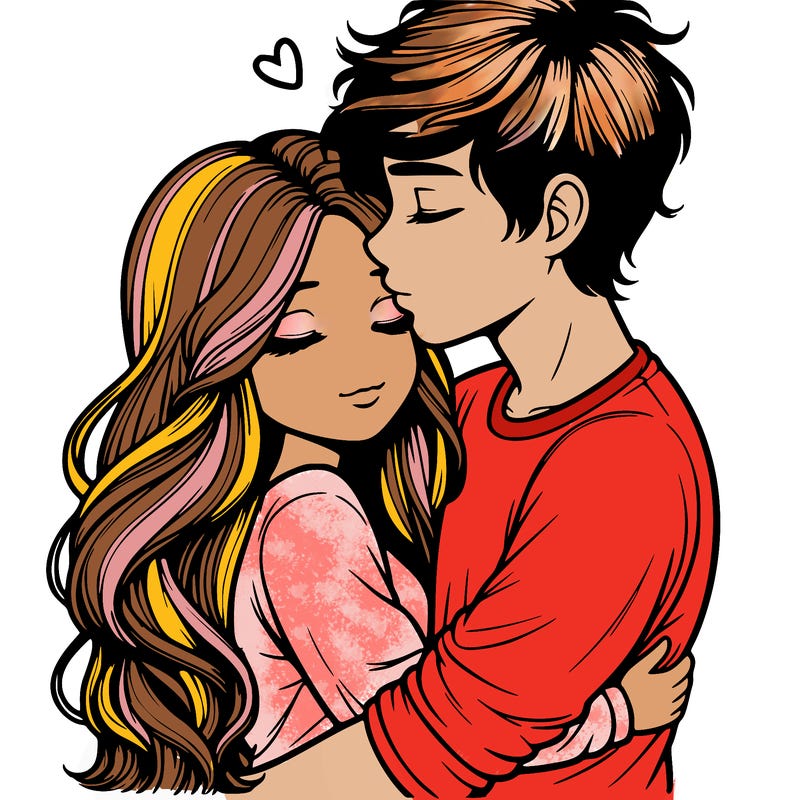 a realistic couple boy and girl hugging and kissing