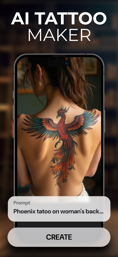 AI tattoo maker feature in Dream Art app showing a colorful phoenix design on a womans back