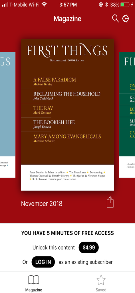 First Things - Screenshot of the First Things app magazine tab showing the November 2018 issue and subscription prompt.
