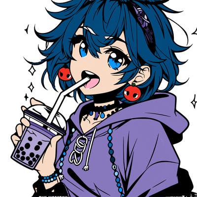 hot baddie anime girl drinking boba and biting the straw