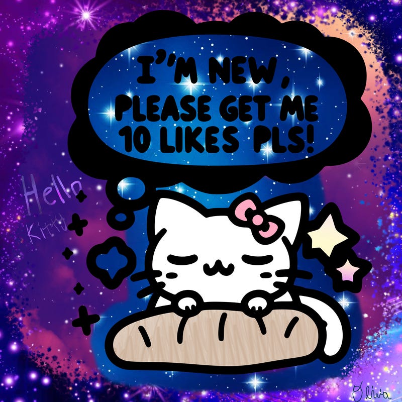kitty taking a nap dream talking and saying "i'm new, please get me at least 10 likes pls!!"