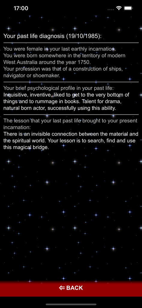 Captura de pantalla de la app Tu Vida Anterior mostrando resultados de reencarnación y análisis de personalidad