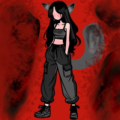 girl in baggy pants crop top and long hair