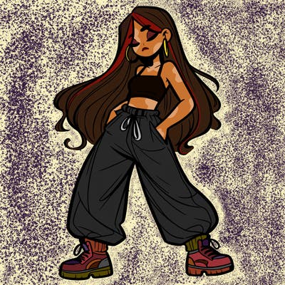 girl in baggy pants crop top and long hair