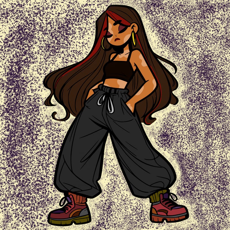 girl in baggy pants crop top and long hair