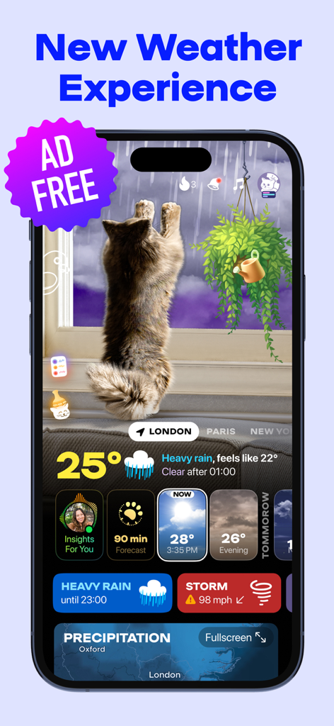 OpenPet app screen showing a fluffy cat meteorologist and detailed weather widgets with no ads.