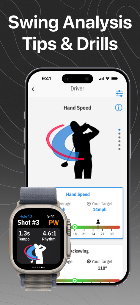 Golfshot app interface displaying swing analysis metrics on iPhone and Apple Watch including hand speed, tempo, and rhythm.